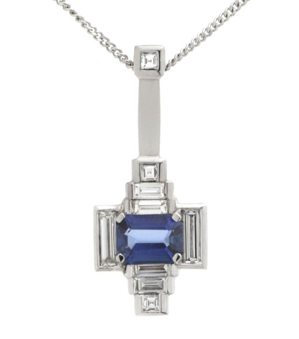 Art deco emerald cut blue sapphire and baguette diamond pendant