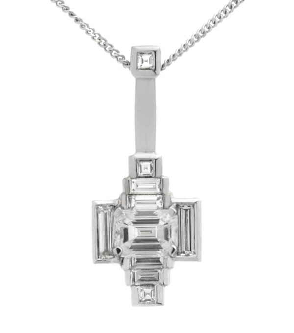 Art deco emerald cut diamond and baguette diamond pendant