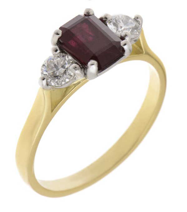 Olivia emerald cut ruby and round diamond trilogy ring