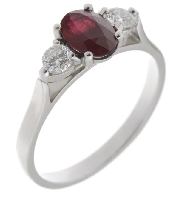 Olivia oval shape ruby and round brilliant cut diamond trilogy ring