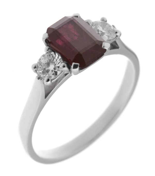 Rosaline emerald cut ruby and round diamond trilogy ring