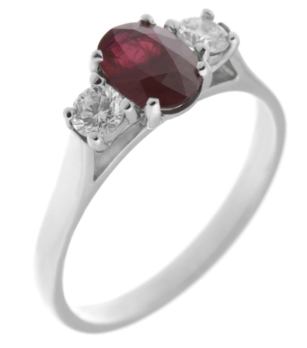 Rosaline oval shape ruby and round brilliant cut diamond trilogy ring