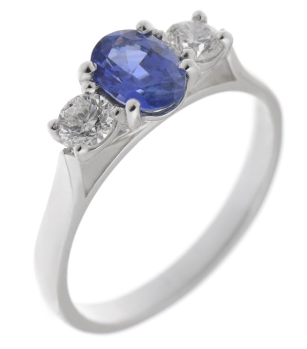 Rosaline oval shape blue sapphire and round brilliant cut diamond trilogy ring