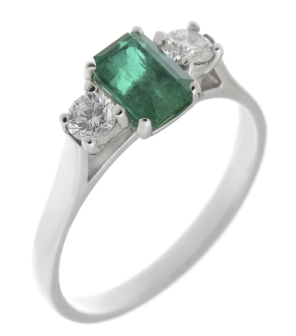 Rosaline emerald cut emerald and round brilliant cut diamond trilogy ring