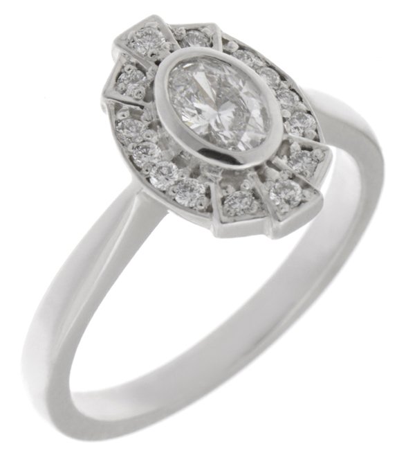 Art deco fan style oval shape diamond halo cluster ring main image