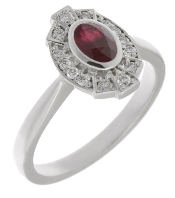 Art deco fan style oval shape ruby and diamond halo cluster ring main image
