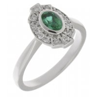 Art deco fan style oval shape emerald and diamond halo cluster ring