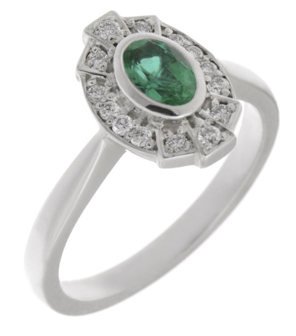 Art deco fan style oval shape emerald and diamond halo cluster ring main image