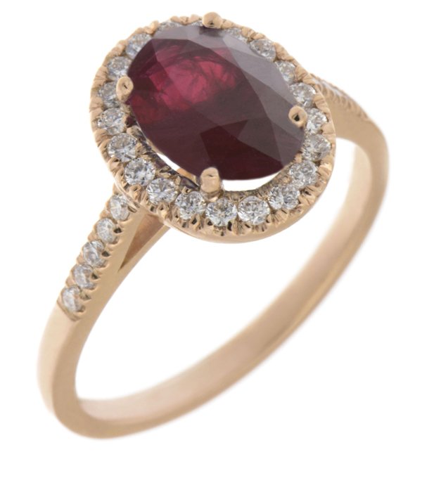 Classic claw set oval shape ruby with round diamond halo ring