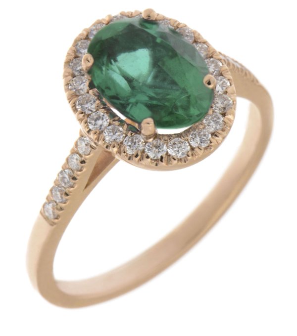 Classic claw set oval shape emerald with round diamond halo ring