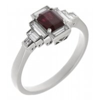 Art deco emerald cut ruby and baguette diamond cluster ring