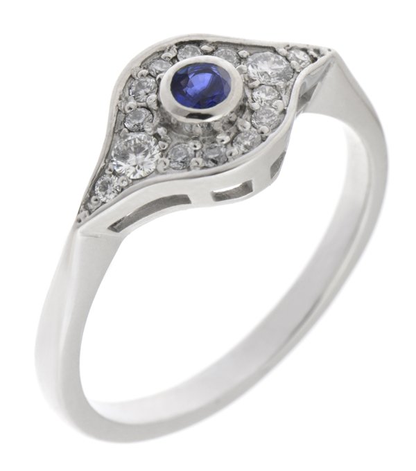 Iris art deco round blue sapphire and diamond cluster ring