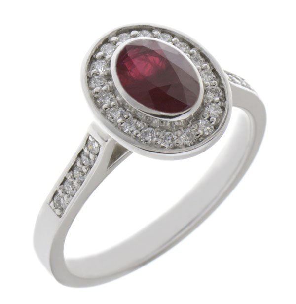 Classic rubover set oval shape ruby with round diamond halo ring