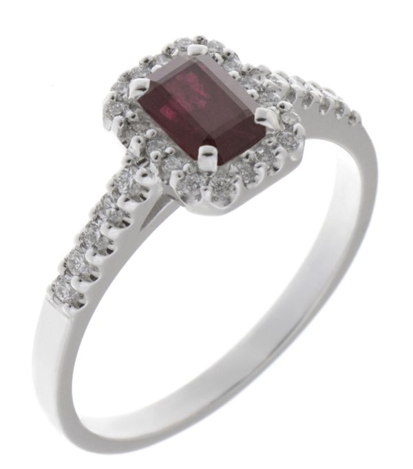 Prudence classic emerald cut ruby and round brilliant diamond halo ring