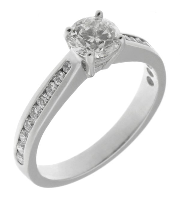 Echo round brilliant cut diamond engagement ring with graduated diamond set shoulders