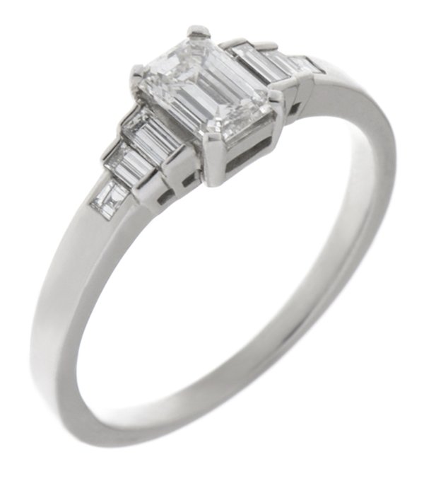 Art deco emerald cut and baguette diamond engagement ring main image - product number 1319