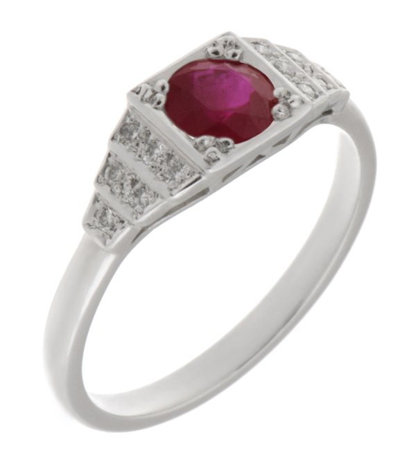 Chrysler art deco style round ruby and round diamond cluster ring