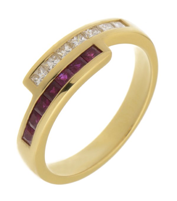 Bowie princess cut diamond and square ruby crossover eternity ring
