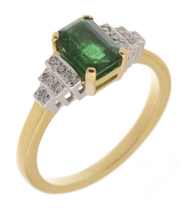 Deco step emerald cut emerald and round diamond ring
