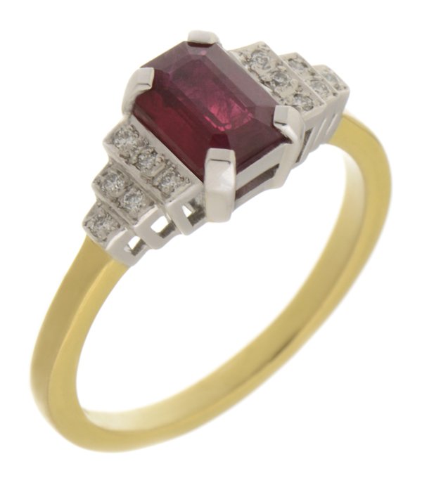 Deco step emerald cut ruby and round diamond ring