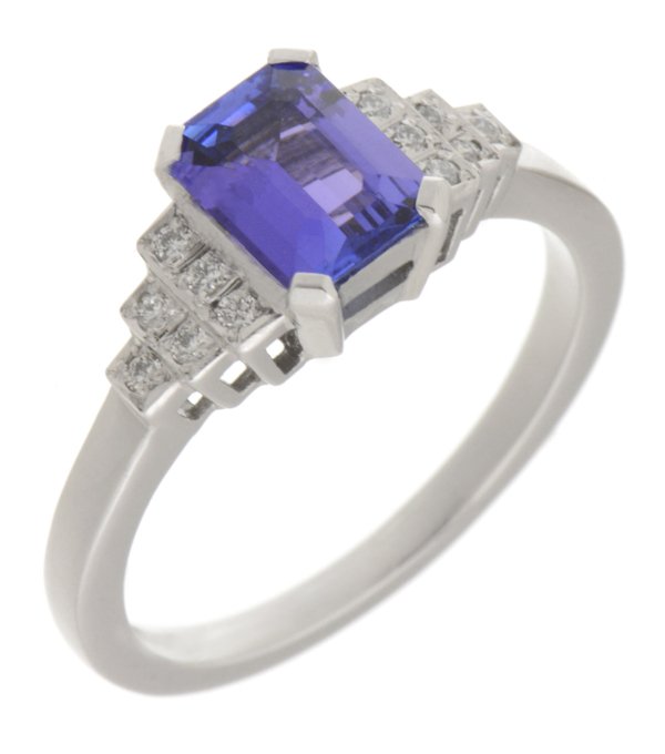 Deco step emerald cut tanzanite and round diamond ring