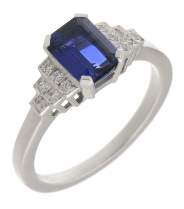 Deco step emerald cut blue sapphire and round diamond ring