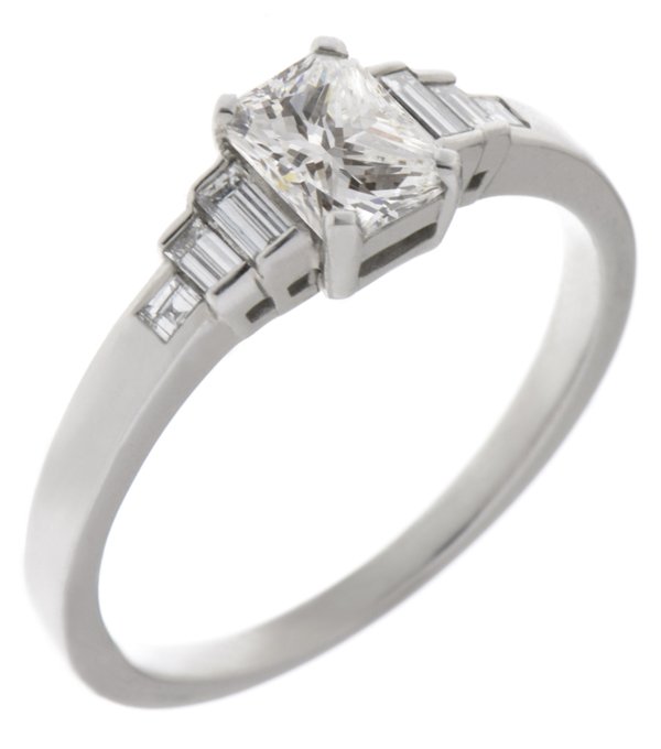 Art deco radiant cut and baguette diamond engagement ring