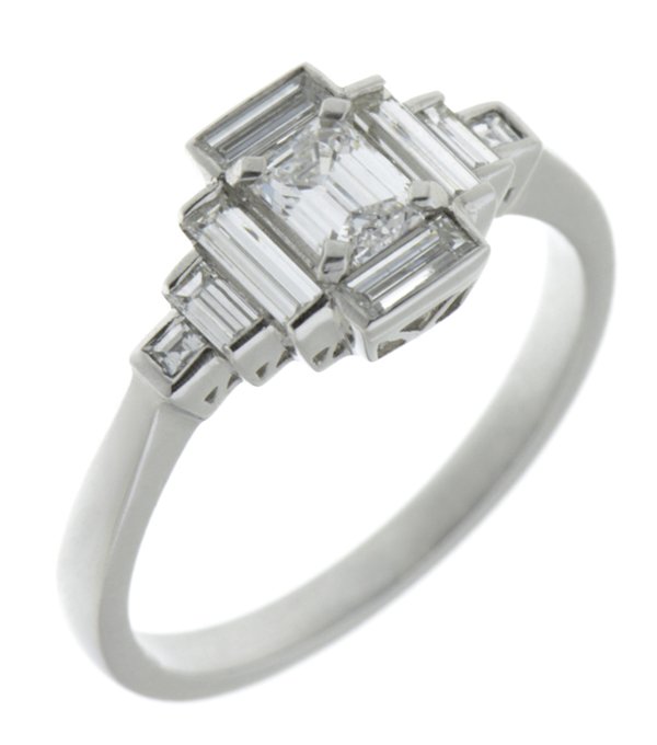 Art deco emerald cut and baguette diamond cluster ring