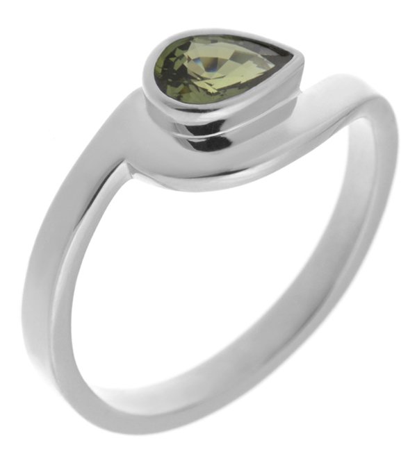 Avery modernist pear shape green sapphire solitaire crossover ring