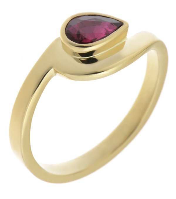 Avery modernist pear shape ruby solitaire crossover ring