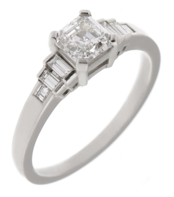 Art deco asscher cut and baguette diamond engagement ring