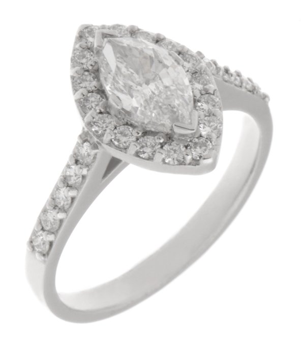 Classic marquise cut diamond and round diamond halo engagement ring