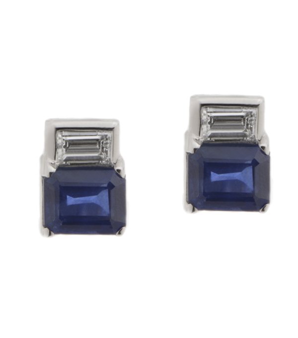 Art deco emerald cut blue sapphire and baguette diamond earrings