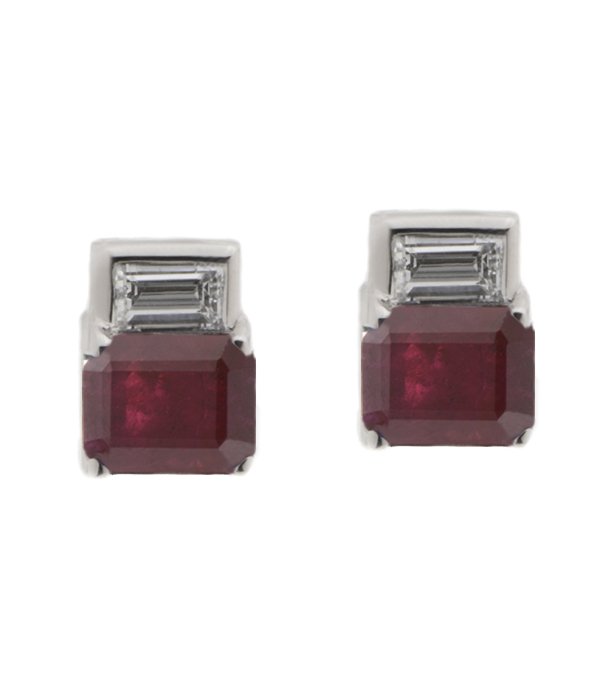 Art deco emerald cut ruby and baguette diamond earrings