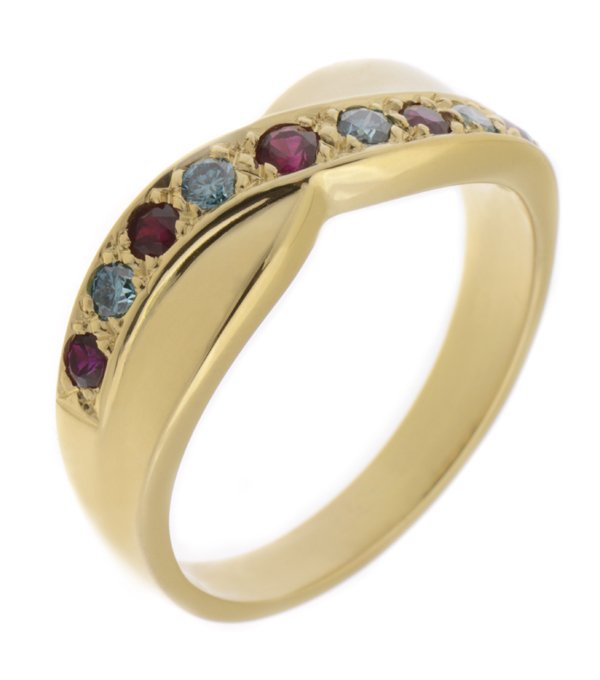 Yoga round ruby and blue diamond crossover half eternity ring