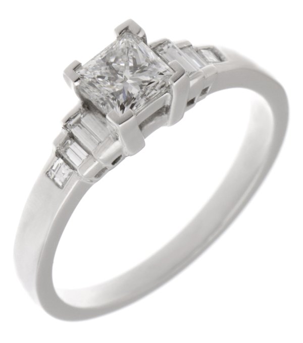 Art deco princess cut and baguette diamond engagement ring