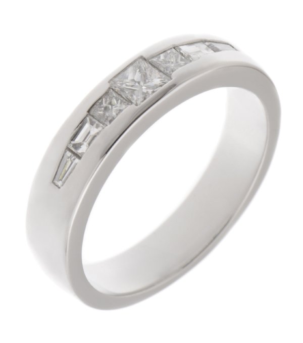 Art deco princess and baguette cut diamond half eternity style ring