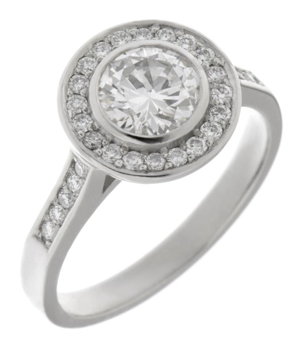 Classic round brilliant cut diamond rubover halo engagement ring