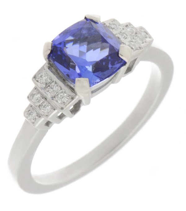 Deco step cushion cut tanzanite and round diamond ring