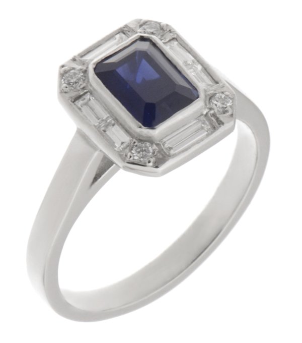 Law art deco emerald cut blue sapphire and diamond halo cluster ring