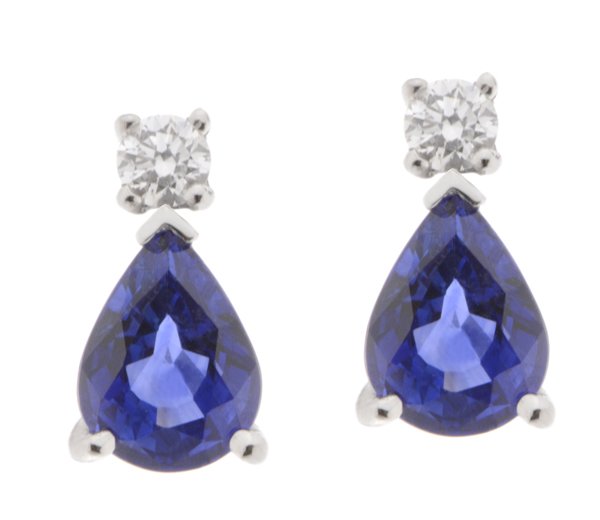 Classic pear shape blue sapphire and round diamond drop earrings