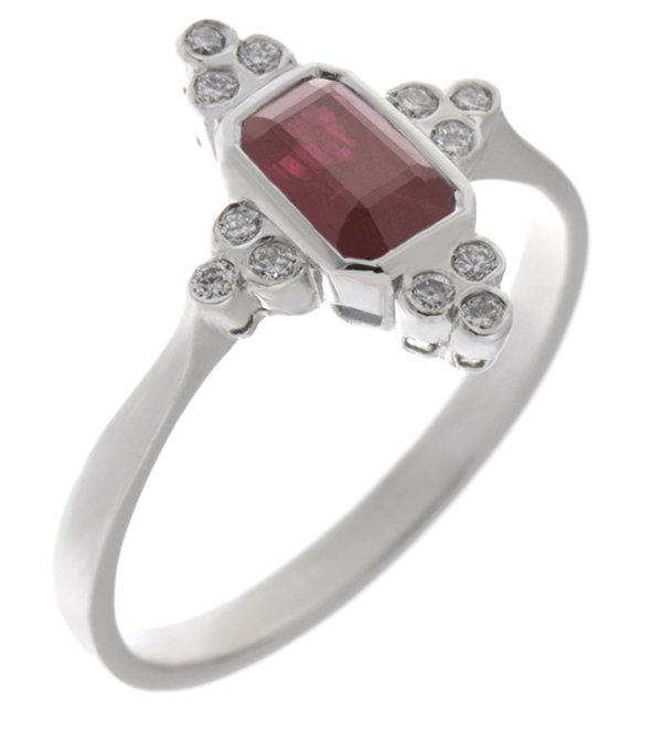 Delicate art deco style emerald cut ruby and diamond cluster ring
