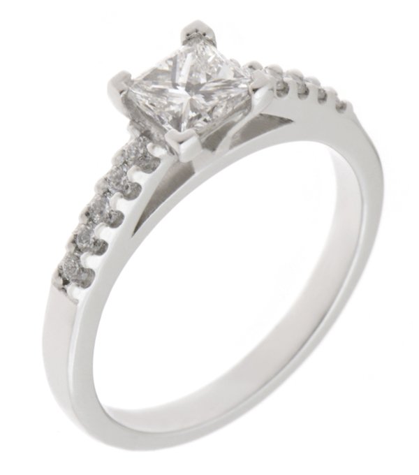 Bella classic princess cut diamond engagement ring with round diamond set shoulders
