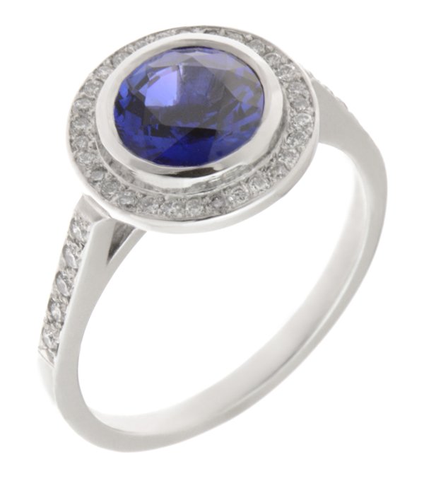 Round blue sapphire and diamond halo cluster ring main view