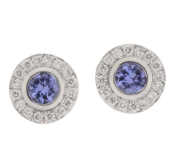 Classic round tanzanite and diamond halo earrings main view