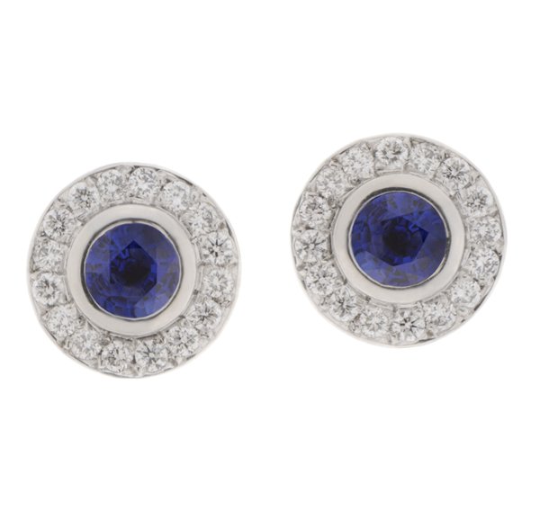 Classic round blue sapphire and diamond halo earrings main view
