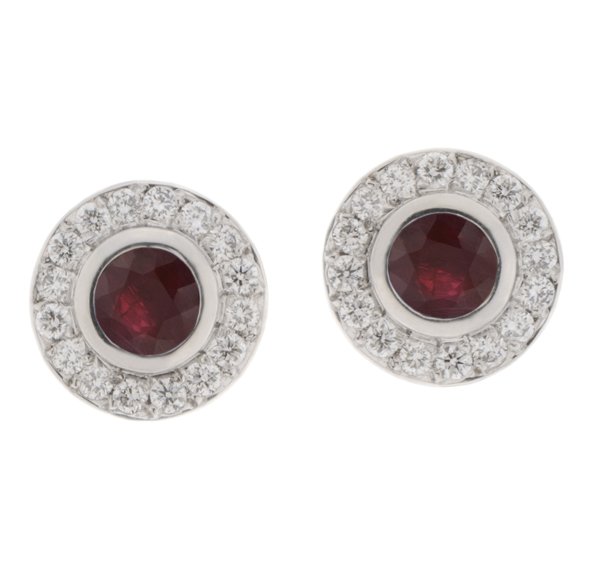 Classic round ruby and diamond halo earrings main view