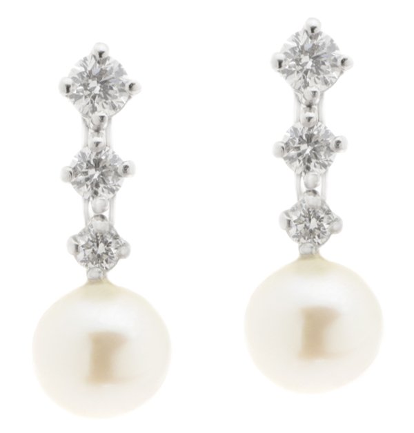 Round pearl and diamond trilogy drop earrings main view