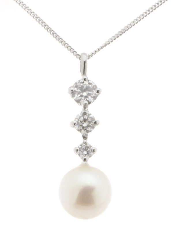Round pearl and diamond trilogy drop pendant main view