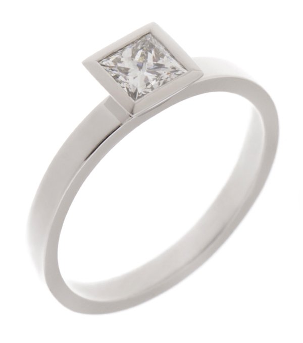 Devona princess cut diamond rubover solitaire engagement ring main view